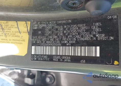 2008 Toyota Highlander Sport из США, поврежденный, VIN JTEDS43A982050446